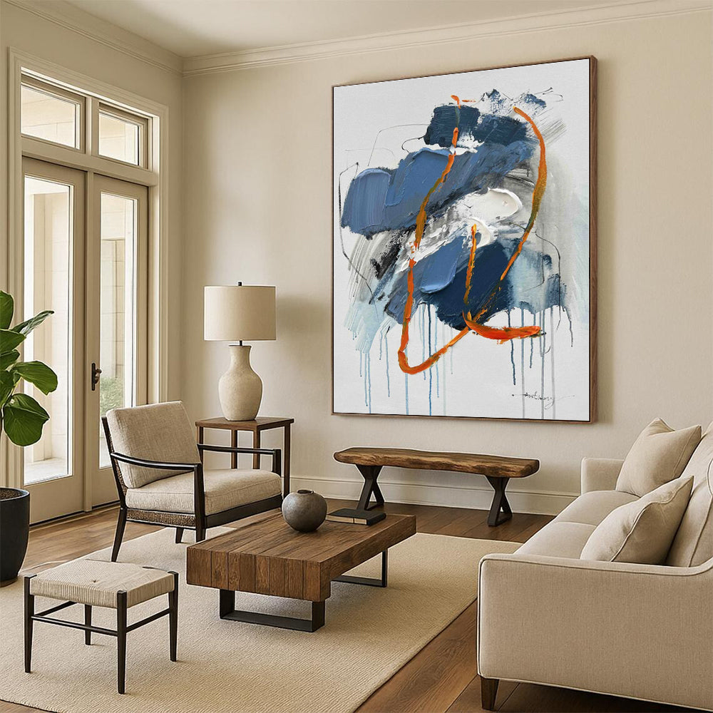 “Blue - Orange Expressive Drips” - Blue, Orange, Gray, White Abstract Painting On Canvas PS0507