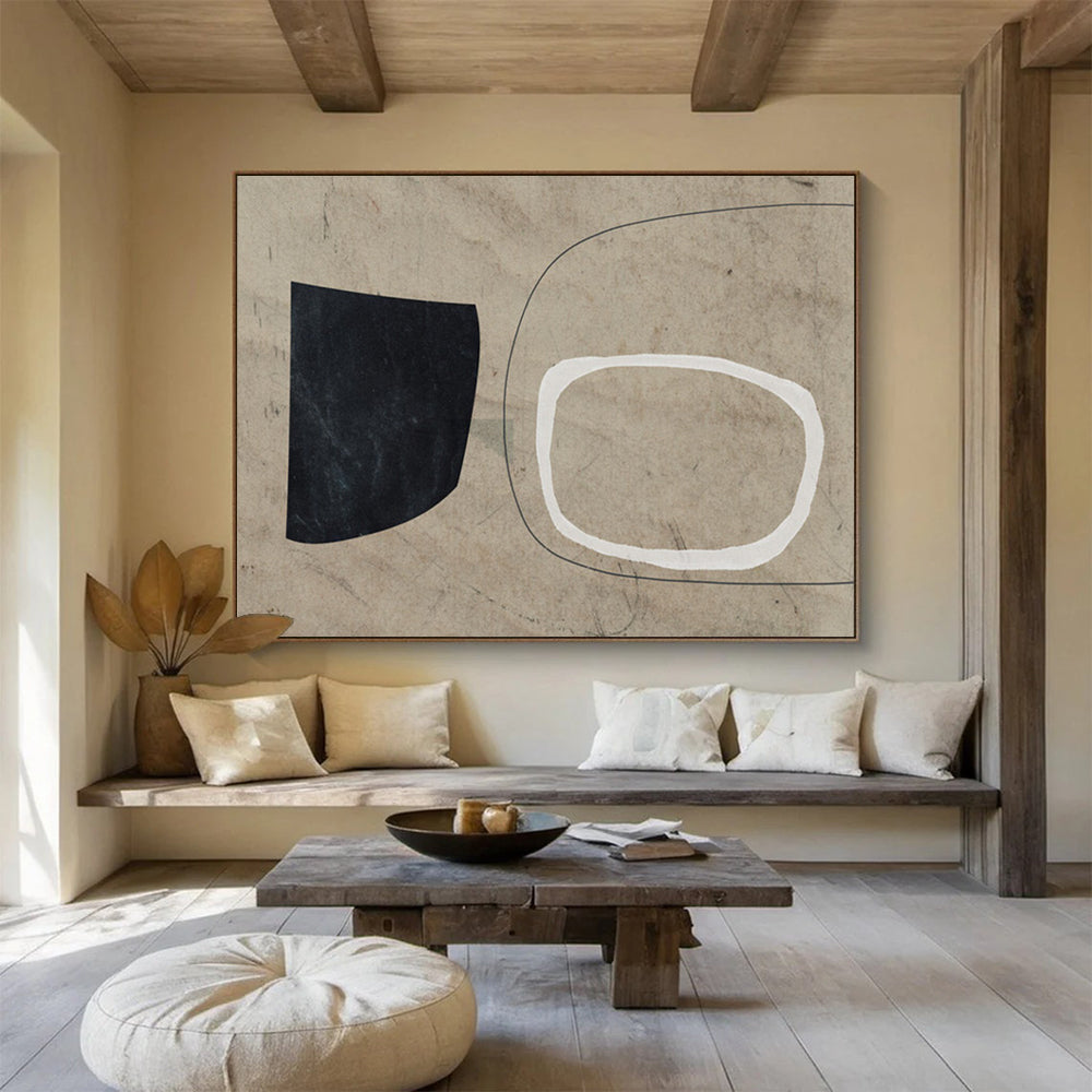 “Minimalist Black, White, and Beige Shapes” - Geometric Minimalist Painting On Canvas PT113