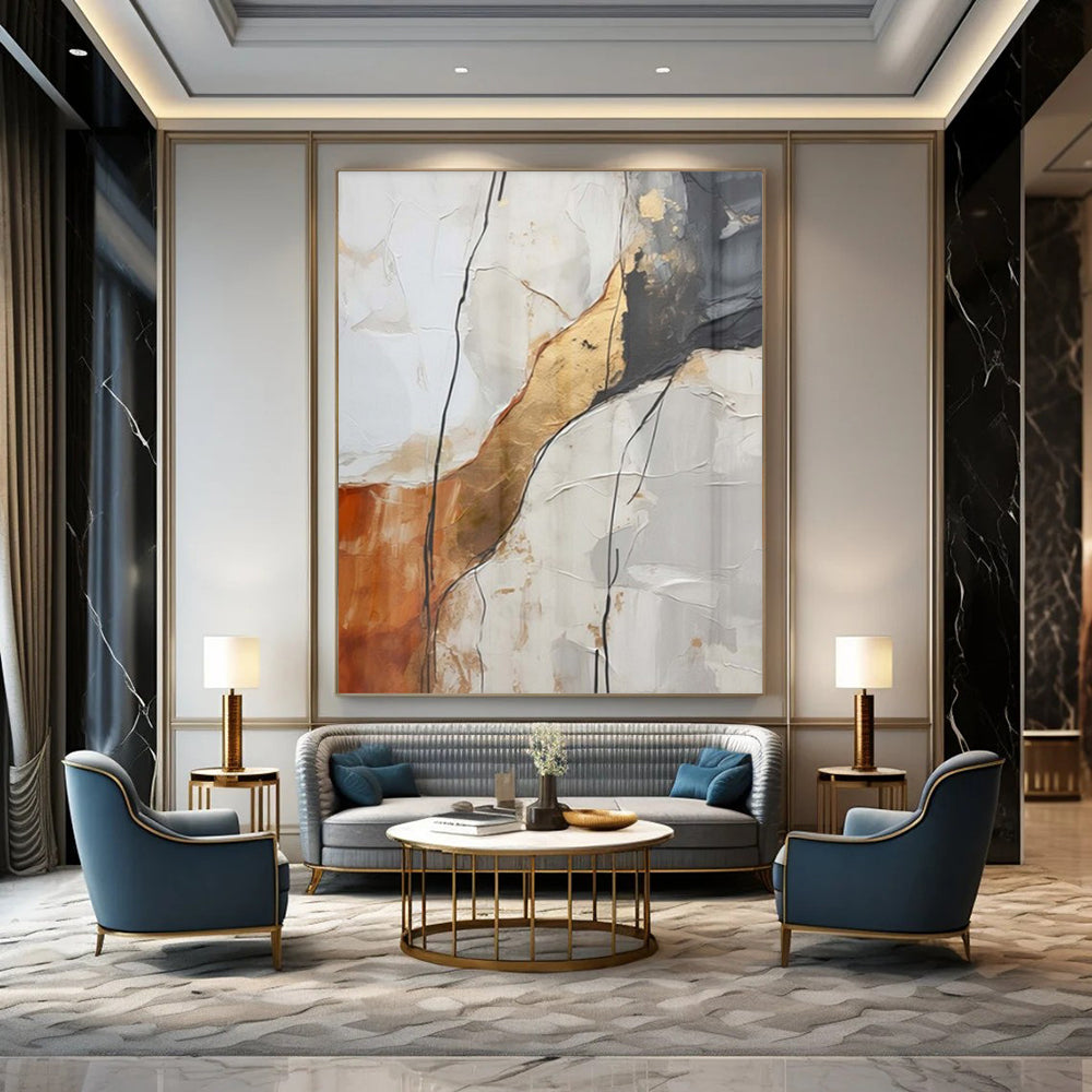 White, Gray, Gold, and Brown Textured "Cracked Elegance" Abstract Textured Painting On Canvas PS1046