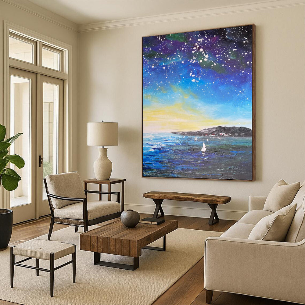 “Starry Night Coastal Sailboats” - Impressionist Night Sky Painting On Canvas PT1902