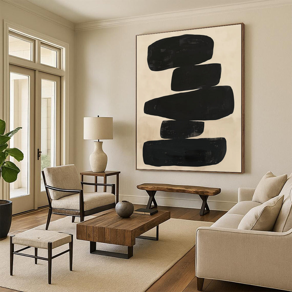 “Stacked Black Abstract Shapes on Beige” - Geometric Abstract Painting On Canvas PS0276