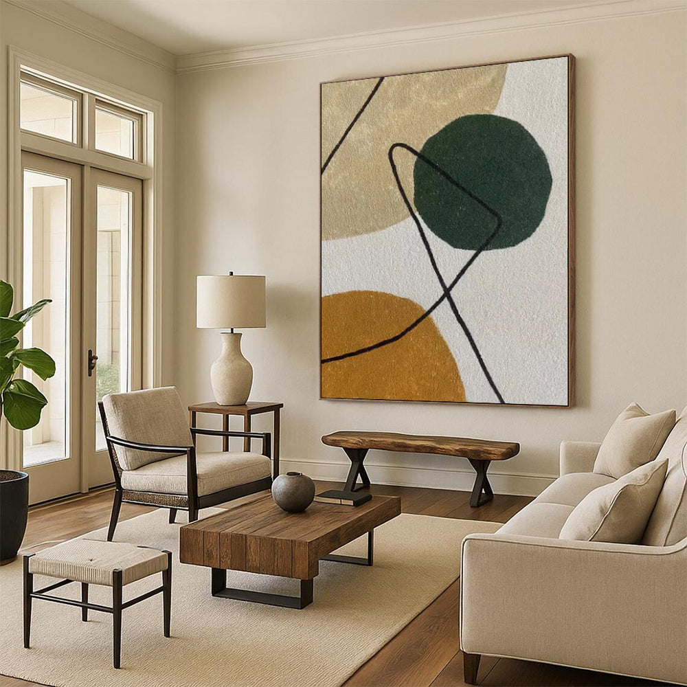 “Circle & Line” - Green, Brown, Black Abstract Shape Painting On Canvas PS0389