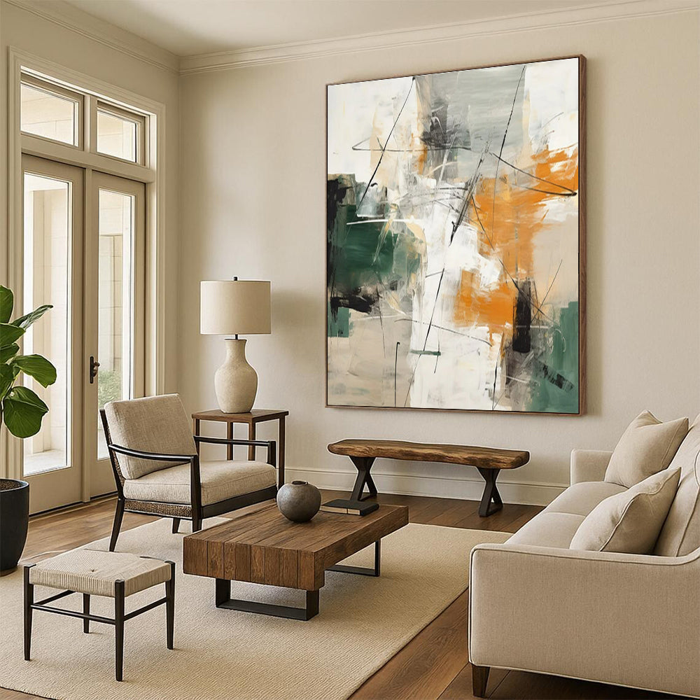 “Green - Orange - Grey Abstract Dynamic Strokes” Painting On Canvas PS0841