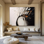 “Elegant Floral Swirl” - White, Black & Gold Floral, Textured Oil Painting On Canvas DKS748