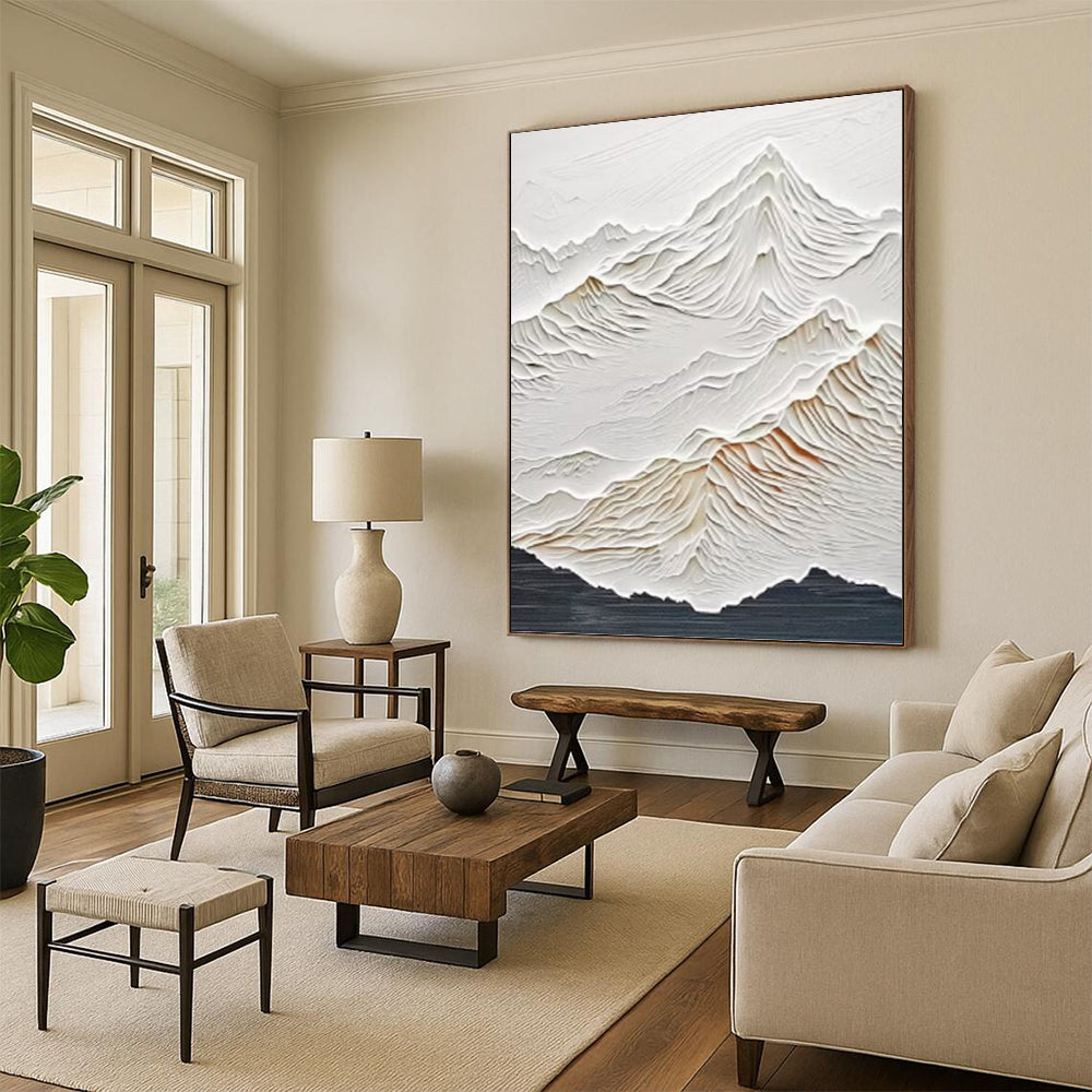 “White Textured Mountain Relief Painting” - Minimalist Landscape Relief On Canvas PT0985