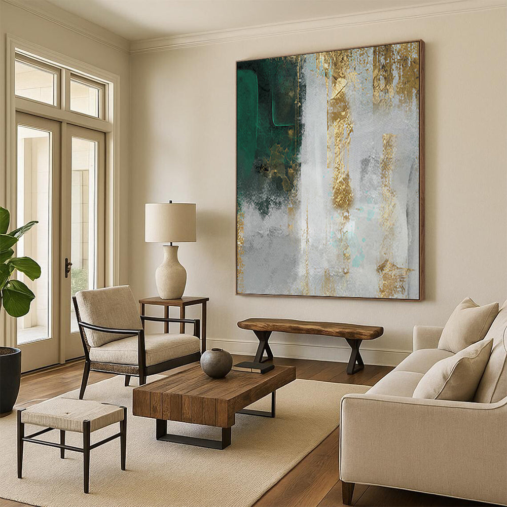 “Green and Gold Textured Abstract” - Abstract, Metallic - Accented Painting On Canvas PT1518