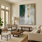 “Green and Gold Textured Abstract” - Abstract, Metallic - Accented Painting On Canvas PT1518