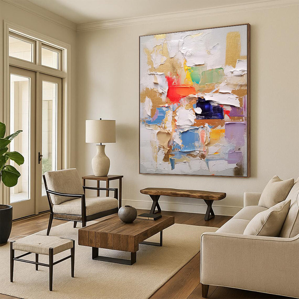 “Vibrant Layered Abstract” - Multicolor, Patchwork - like Abstract Painting On Canvas PT1057