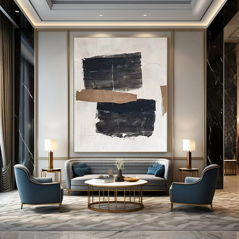 Black, Brown and White with Textured Collage Elements "Raw Fusion" Abstract Painting On Canvas PS1145
