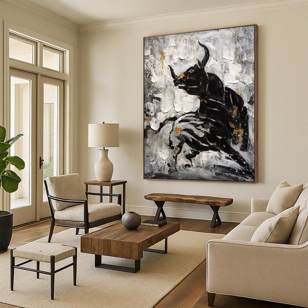 “Black - White - Gold Bull Abstract” - Expressionist Animal Painting On Canvas PT1968