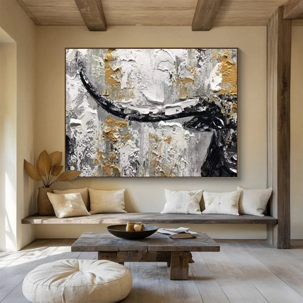 Textured Bull Head in Gold and Gray - Expressive Animal Painting On Canvas DKS336