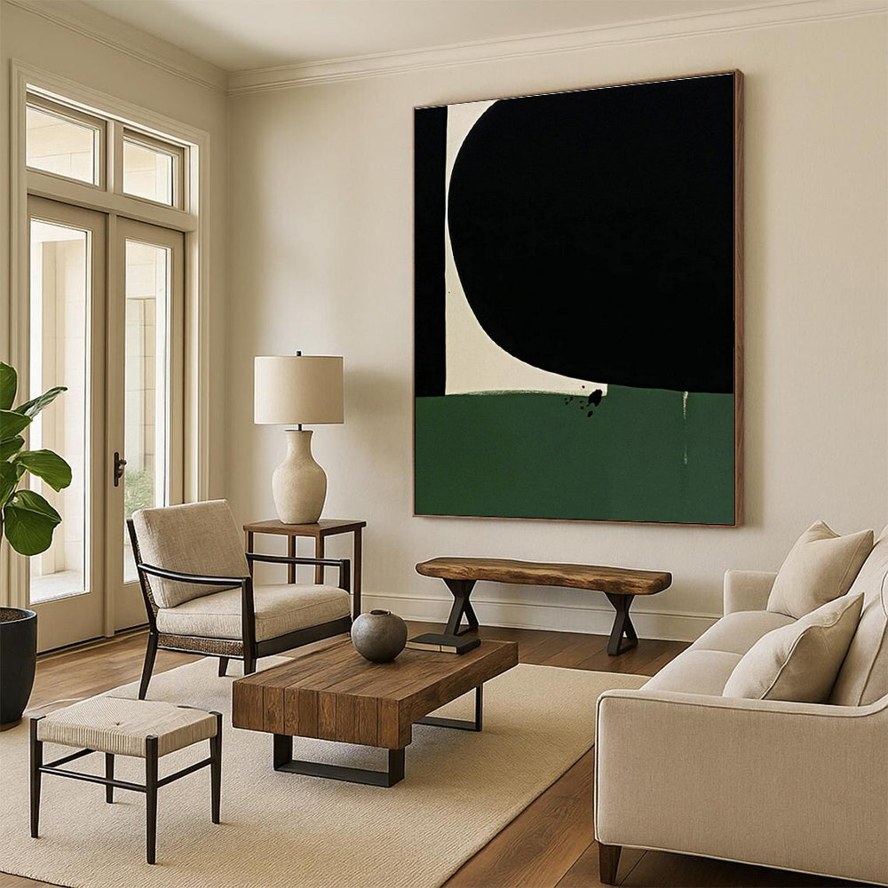 “Minimalist Color Blocks” - Black, Green, White Abstract Geometric Painting On Canvas PS0651