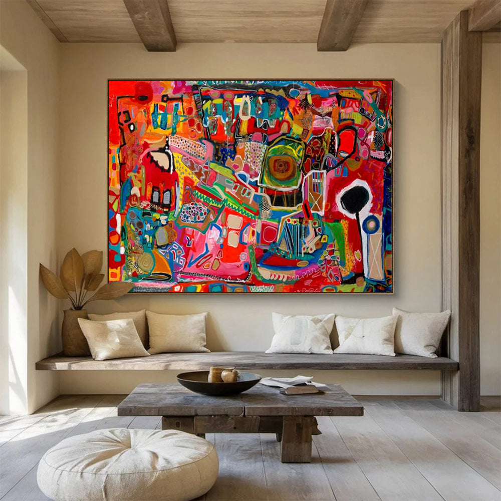 “Fiery Reds & Eclectic Shapes” - Abstract Pop - Inspired Painting On Canvas PT1680