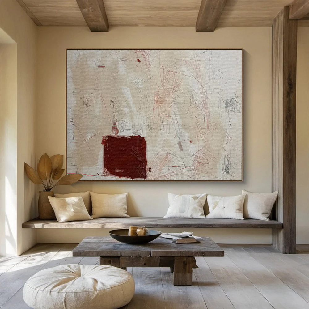 Beige and Red Abstract Scratches Contemporary Abstract Painting On Canvas DKS146