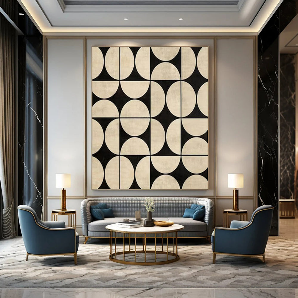 Black and Beige Geometric Pattern "Retro - Modern Mosaic" Abstract Painting On Canvas PS1082