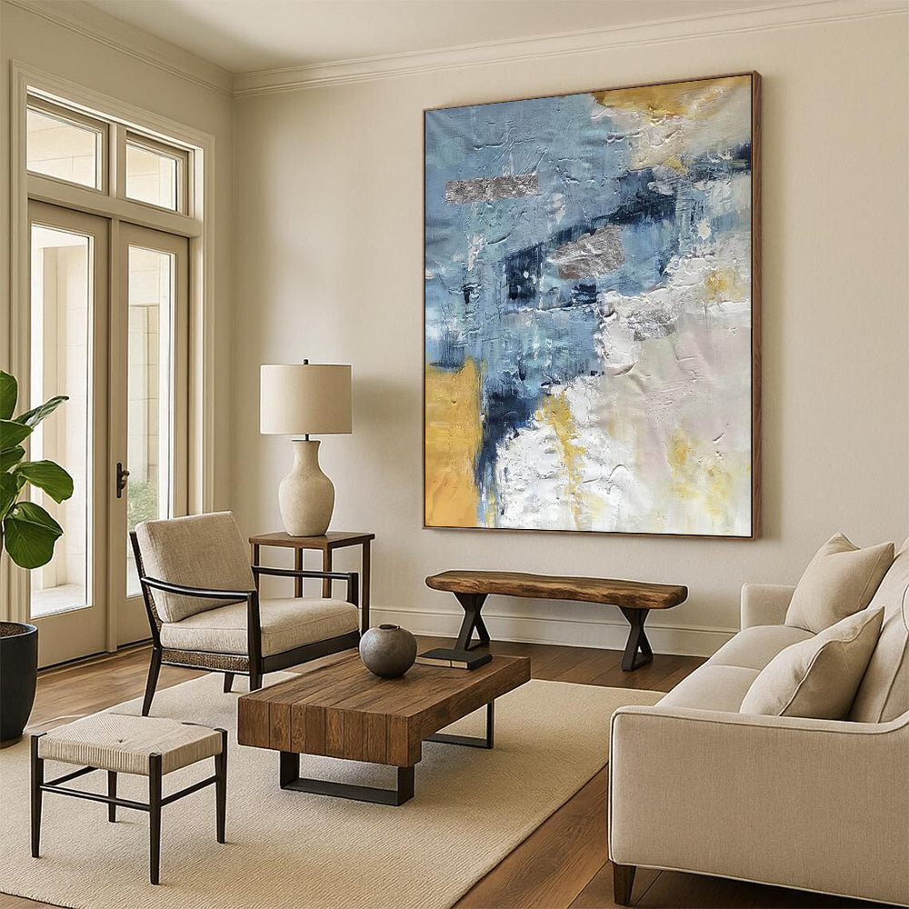 “Textured Blue & Gold Abstract” - Layered Paints with Metallic Shimmers Painting On Canvas DS255