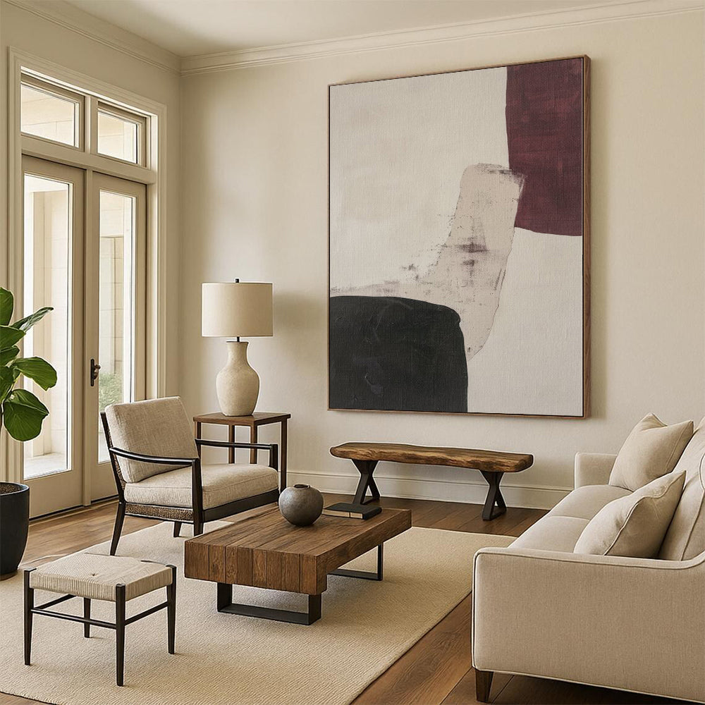“Subtle Maroon - Black Abstract Shapes” - Contemporary Abstract Painting On Canvas PS0265