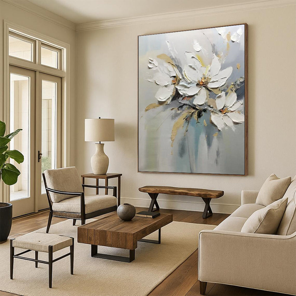 “White Flowers with Impasto Technique” - Textured Oil Painting On Canvas PT2201