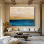 Beige, Gold & Blue Horizon Abstract Painting On Canvas DKS017