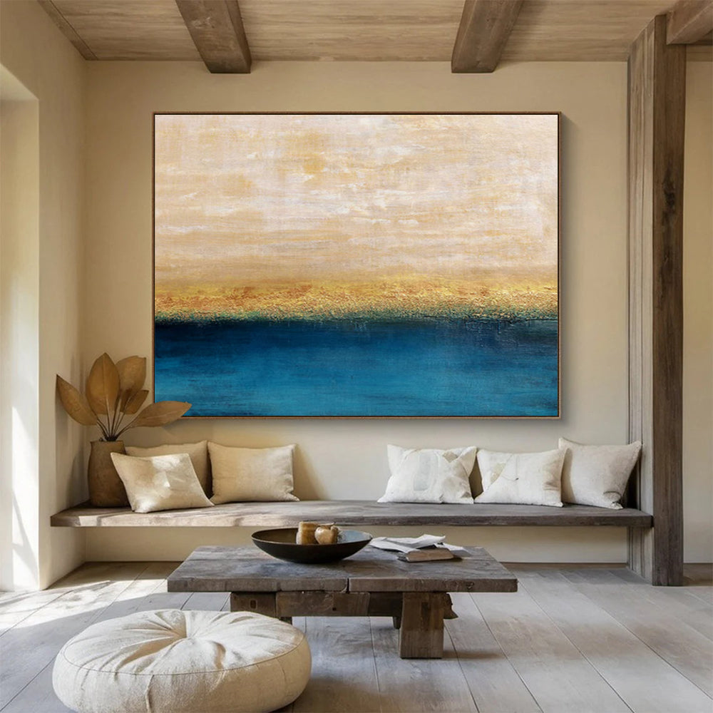 Beige, Gold & Blue Horizon Abstract Painting On Canvas DKS017