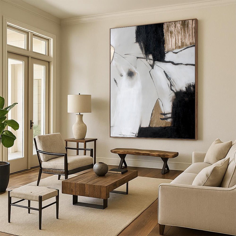 “Black, White and Gold Abstract” - Minimalist Luxe Painting On Canvas PT1005