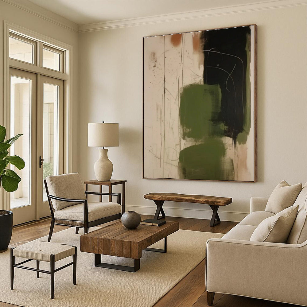 “Green - Black - Beige Expressive Abstraction” - Green, Black, Beige Abstract Painting On Canvas PS0533