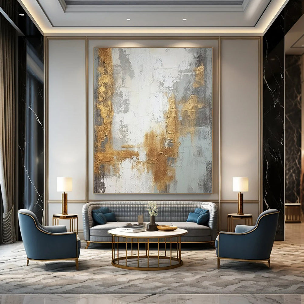 Gray, Gold, White with Textured Layers "Gilded Echoes" Abstract Painting On Canvas PS1270