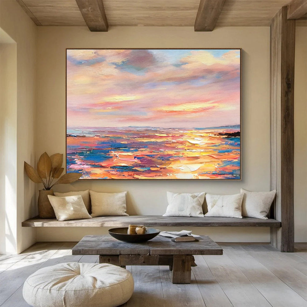 Vibrant Sunset Over Colorful Ocean Impressionist Seascape Painting On Canvas DKS112