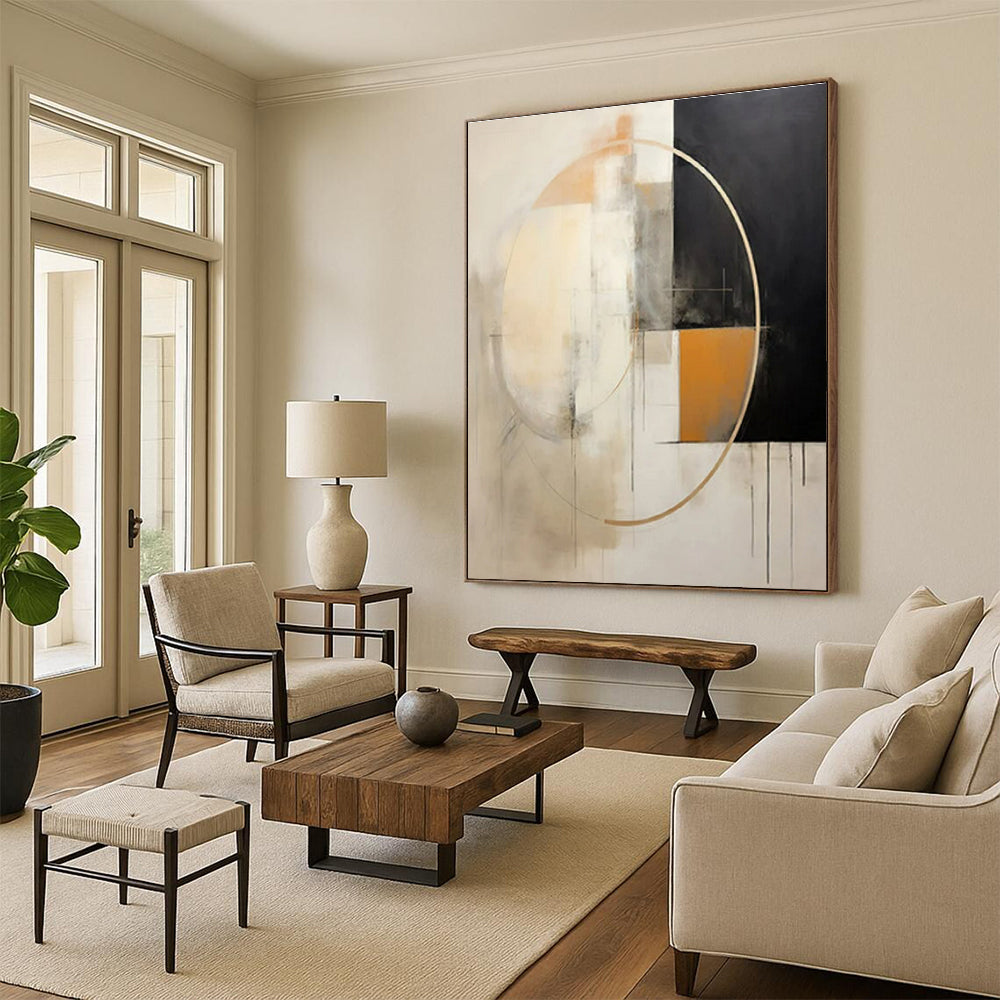 Black, White & Gold Abstract Circles Painting On Canvas PS0820