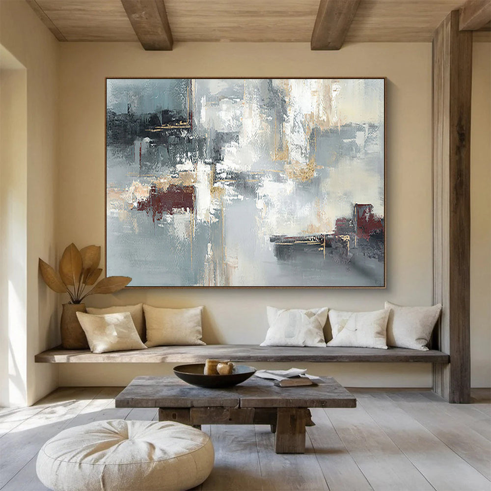Blue - Gray Abstract with Gold Lines - Luxe Abstract Painting On Canvas DKS352