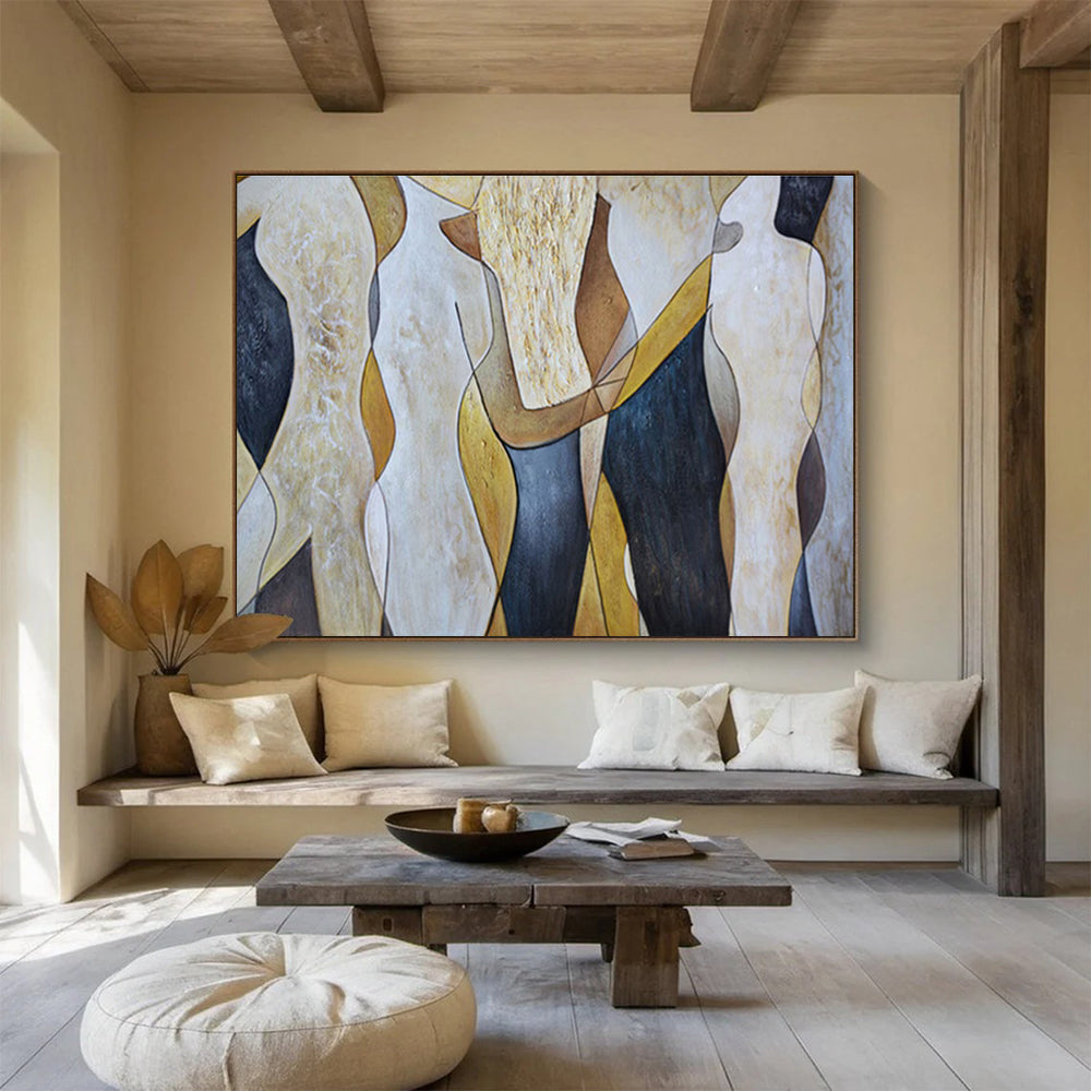 “Abstract Human Forms” - Beige, Black & Gold Figurative, Modern Oil Painting On Canvas DKS731