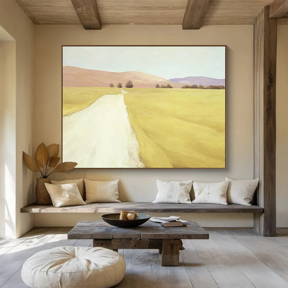 “Golden Field Path” - Yellow, Brown & Purple Landscape, Realist Oil Painting On Canvas DKS742
