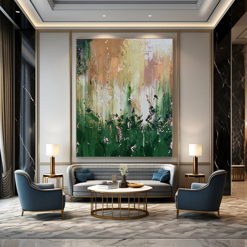 Green, Yellow, Pink, White with Flowing Textures "Enchanted Meadow" Abstract Painting On Canvas PS1403