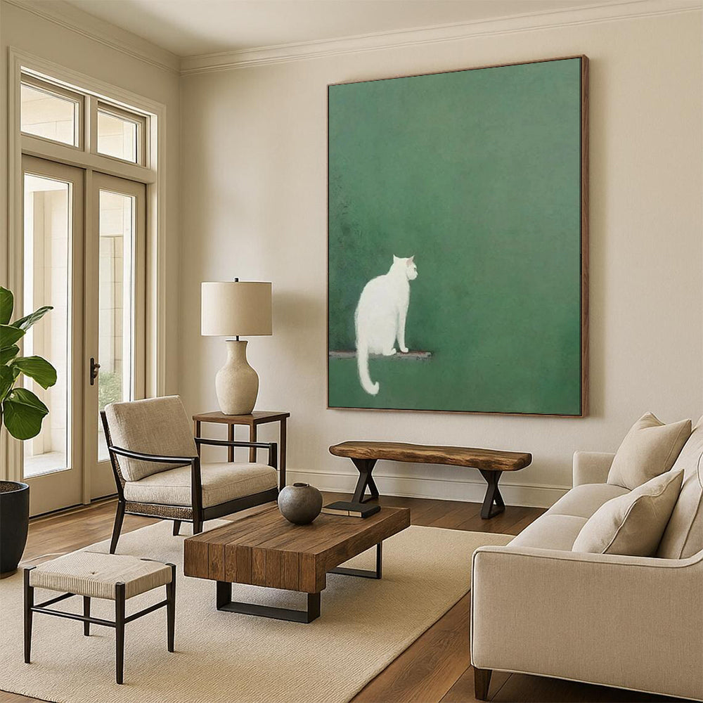 “Minimalist White Cat on Green” - Minimalist Animal Painting On Canvas PT1937