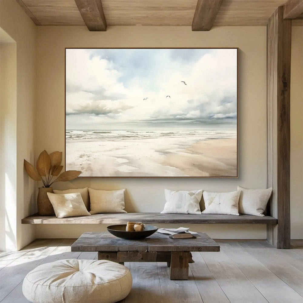 Serene Seaside Watercolor - Realistic Seascape Painting On Canvas DKS320