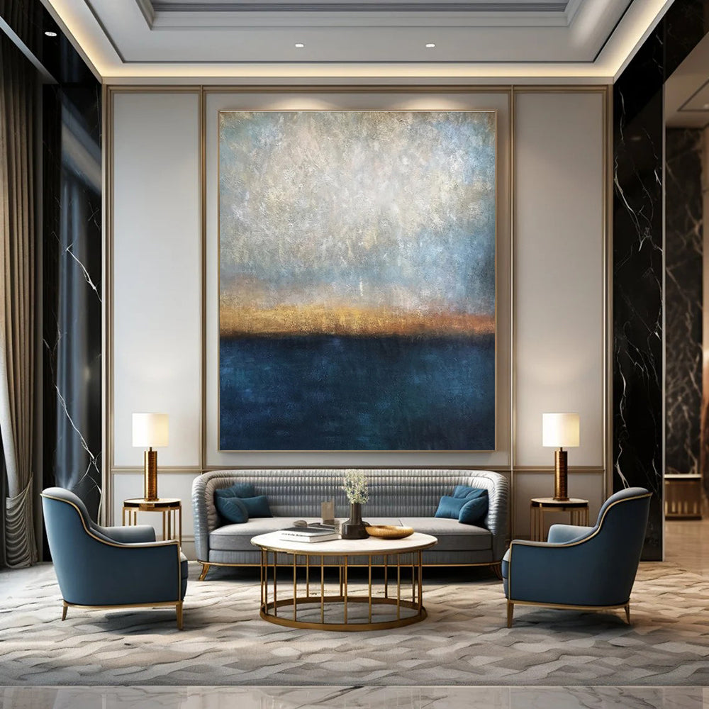 Blue, Gray, Gold, Brown with Gradient Layers "Coastal Dusk" Abstract Painting On Canvas PS1441