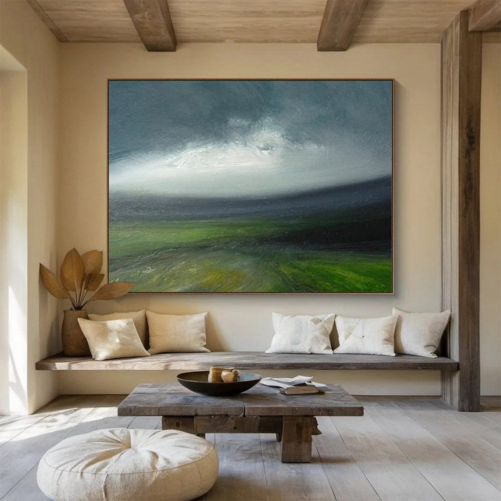 “Moody Green Landscape with a Hint of Blue” - Atmospheric Oil Painting On Canvas PT029