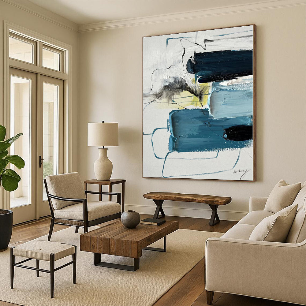“Blue - Gray Abstract Blocks” - Blue, Gray, Yellow Abstract Painting On Canvas PS0484