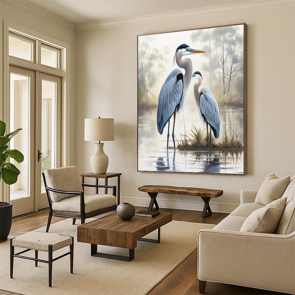 “Blue Herons in Mist” - Realist - Inspired Wildlife Painting On Canvas PT1400
