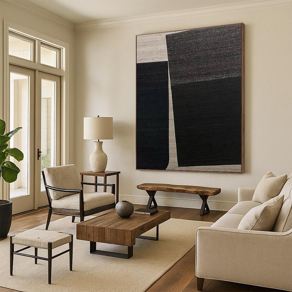 “Black & Beige Minimalism” - Black, Beige Abstract Geometric Painting On Canvas PS0660