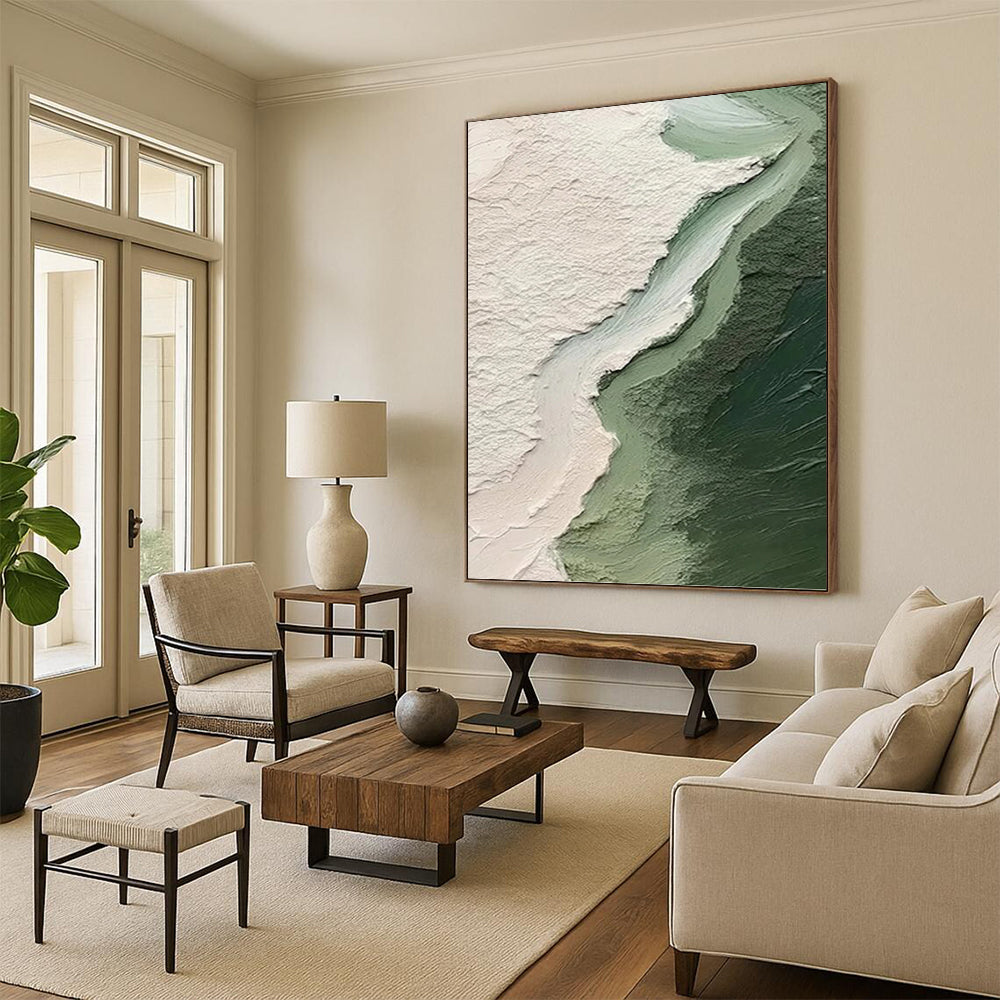 “Green - White - Light Green Textured Abstract” - Minimalist Abstract Painting On Canvas PT1382