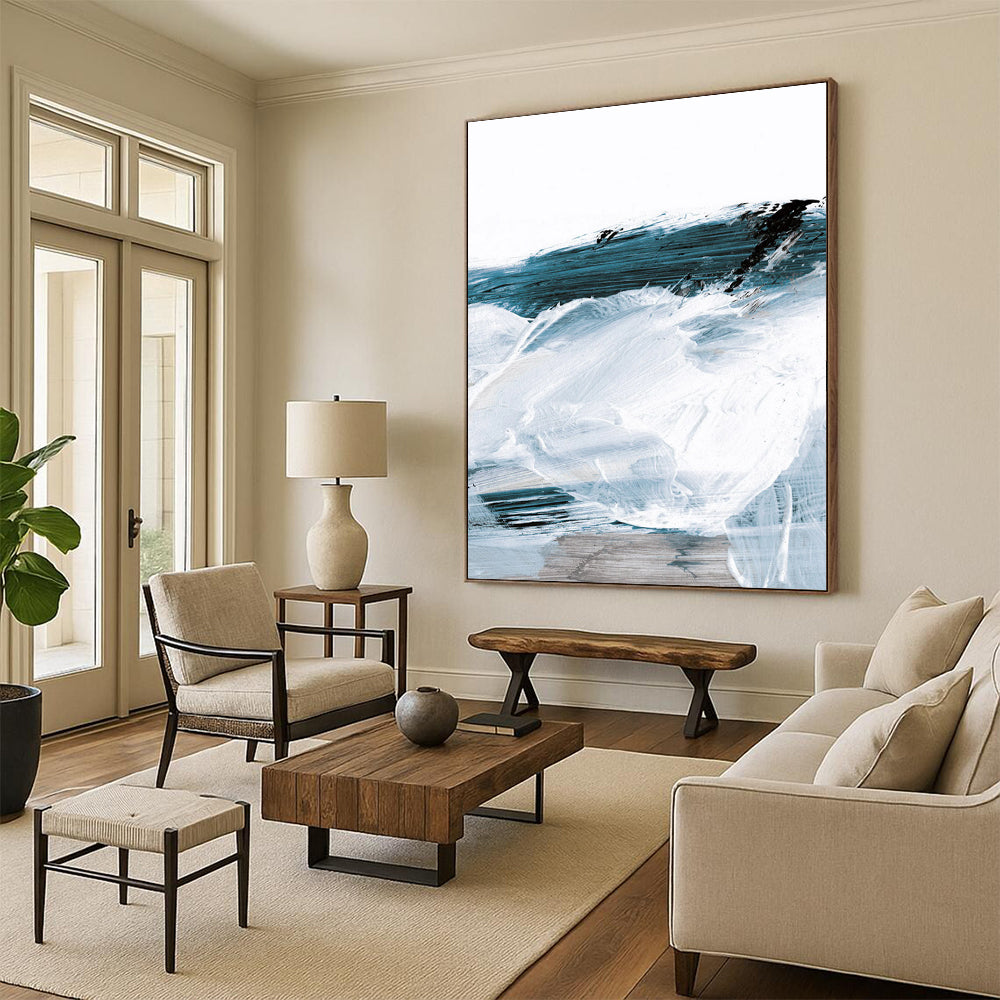 “Blue & White Abstract Waves” - Fluid Forms with Textured Layers Painting On Canvas DS219