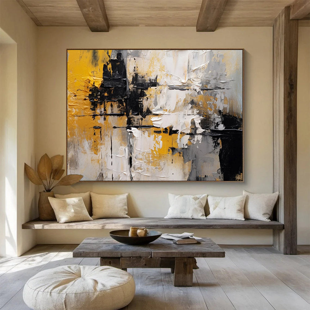 “Yellow, Black, and White Abstract Textures” - Modern Abstract Painting On Canvas PT085