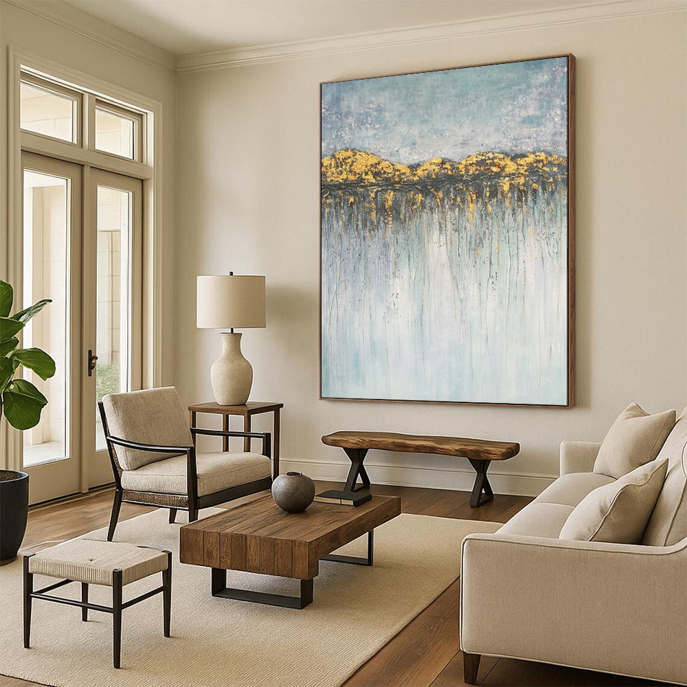 “Gold - Blue Abstract Landscape Drip Art” - Abstract Painting On Canvas PT2077