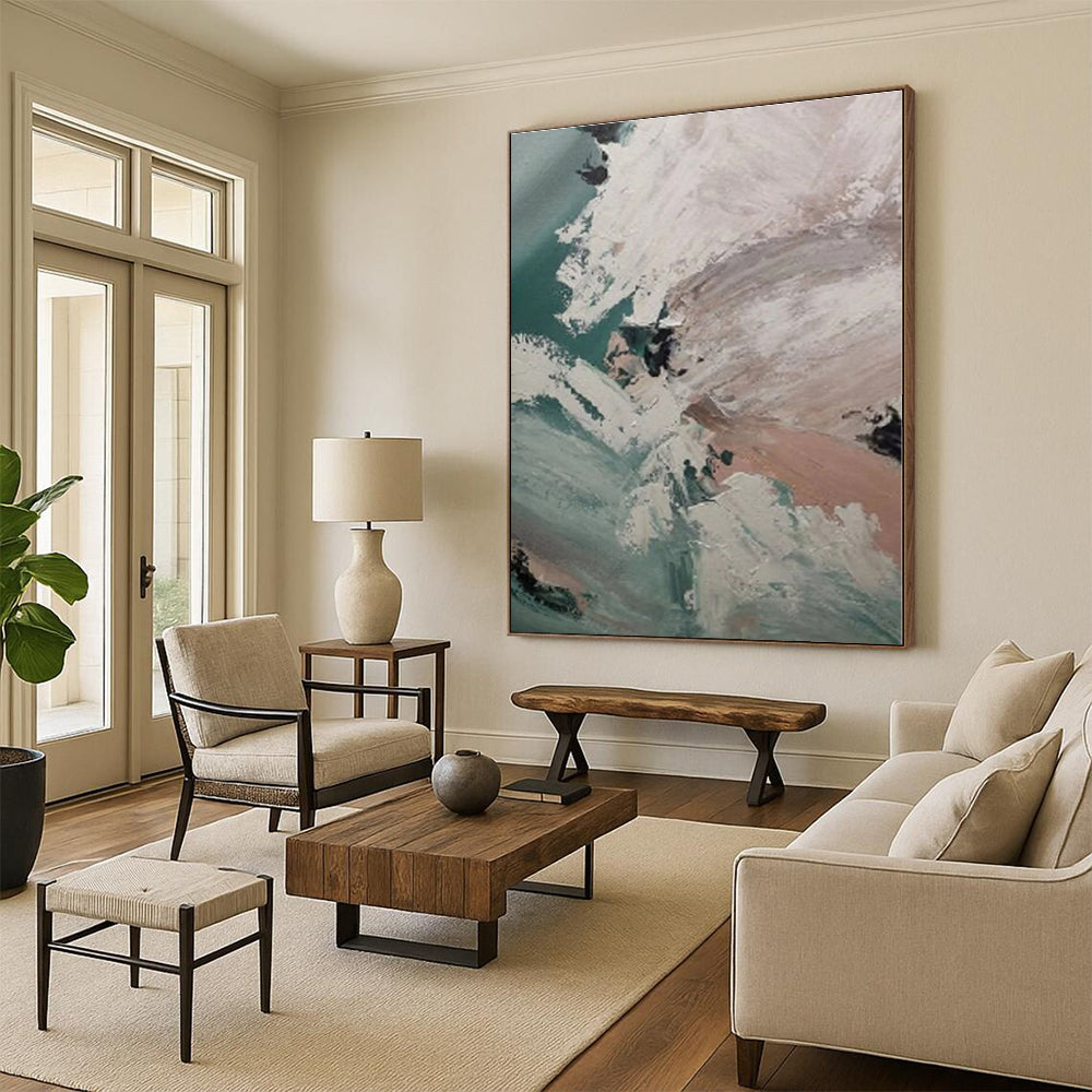 “Turquoise - White Abstract Waves” - Turquoise, White Abstract Seaside Painting On Canvas PS0554