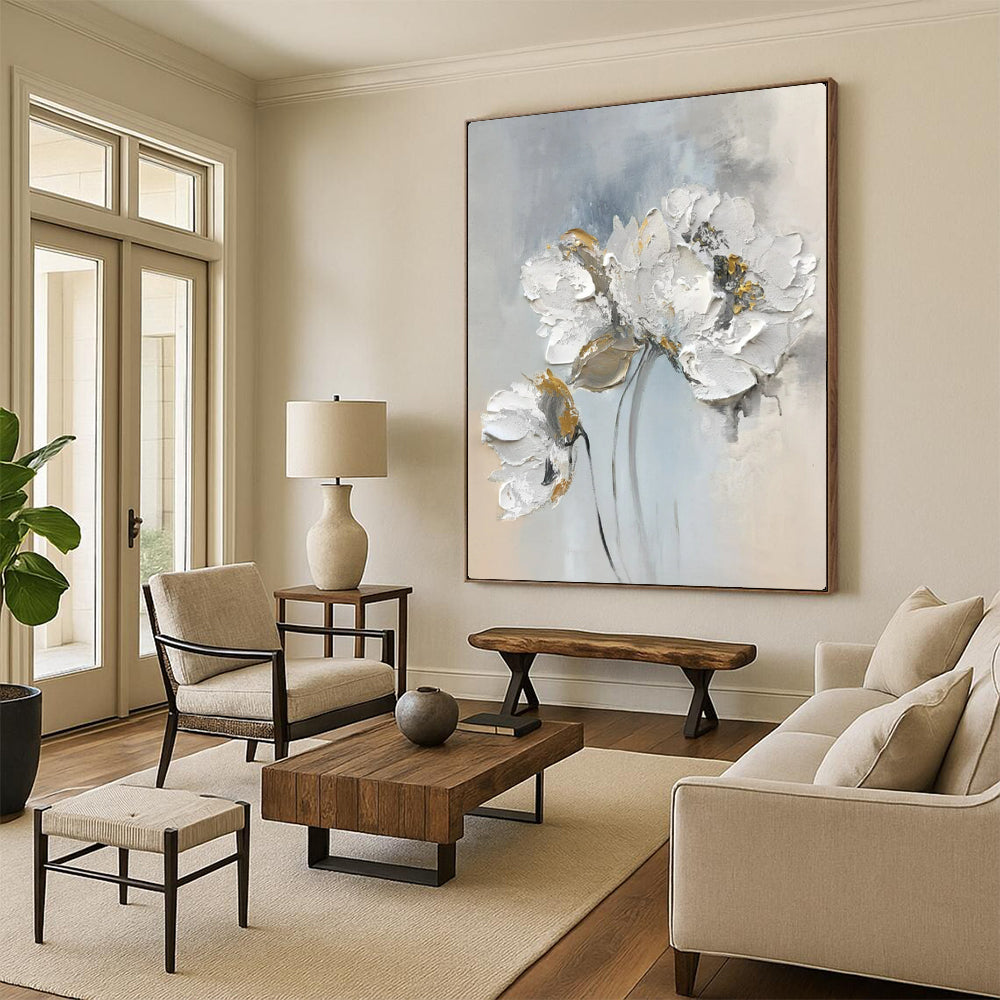 Elegant Blooms White & Gold Impasto Flowers, Painting On Canvas PT2149