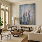 “Blue - Gray - Gold Rainfall Abstraction” - Blue, Gray, Gold, White Abstract Rain - like Painting On Canvas PS0561