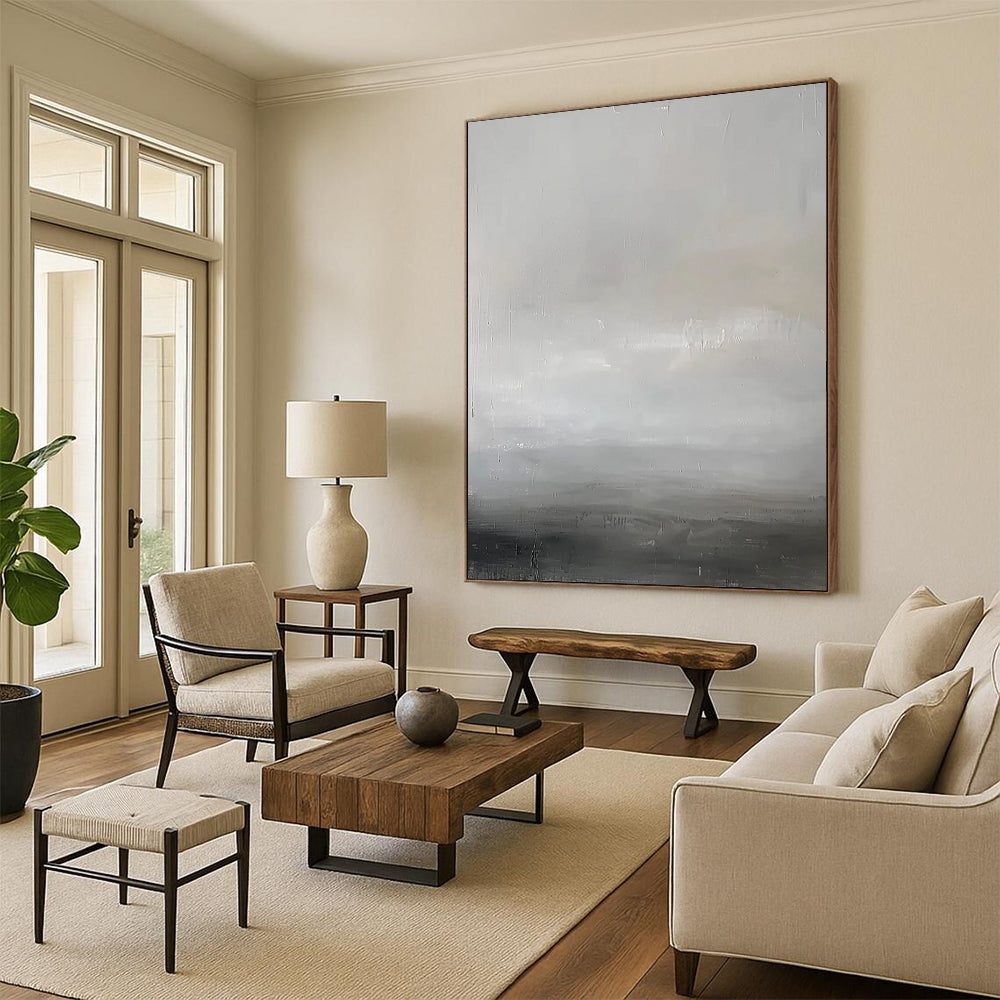 Gray - White Minimalist Gradient Textured Painting On Canvas DS064