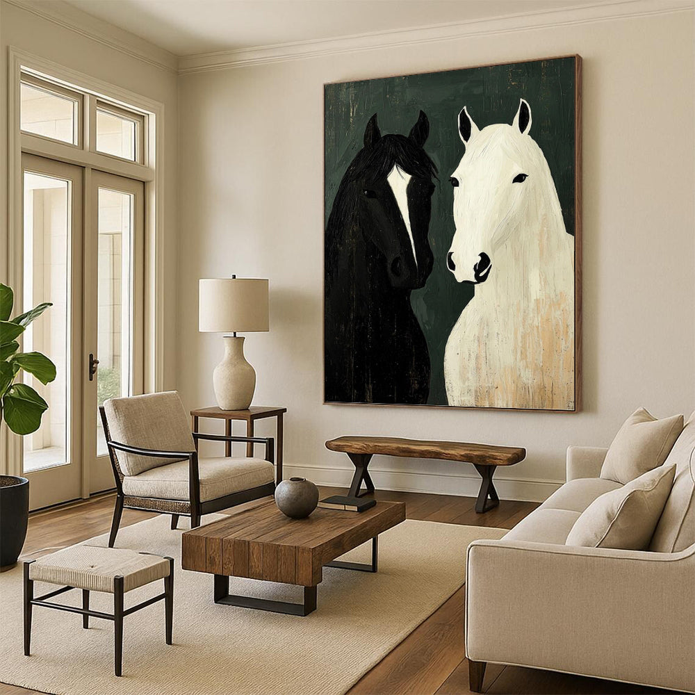 “Black and White Horse Portrait” - Folk - Inspired Animal Painting On Canvas PT1003