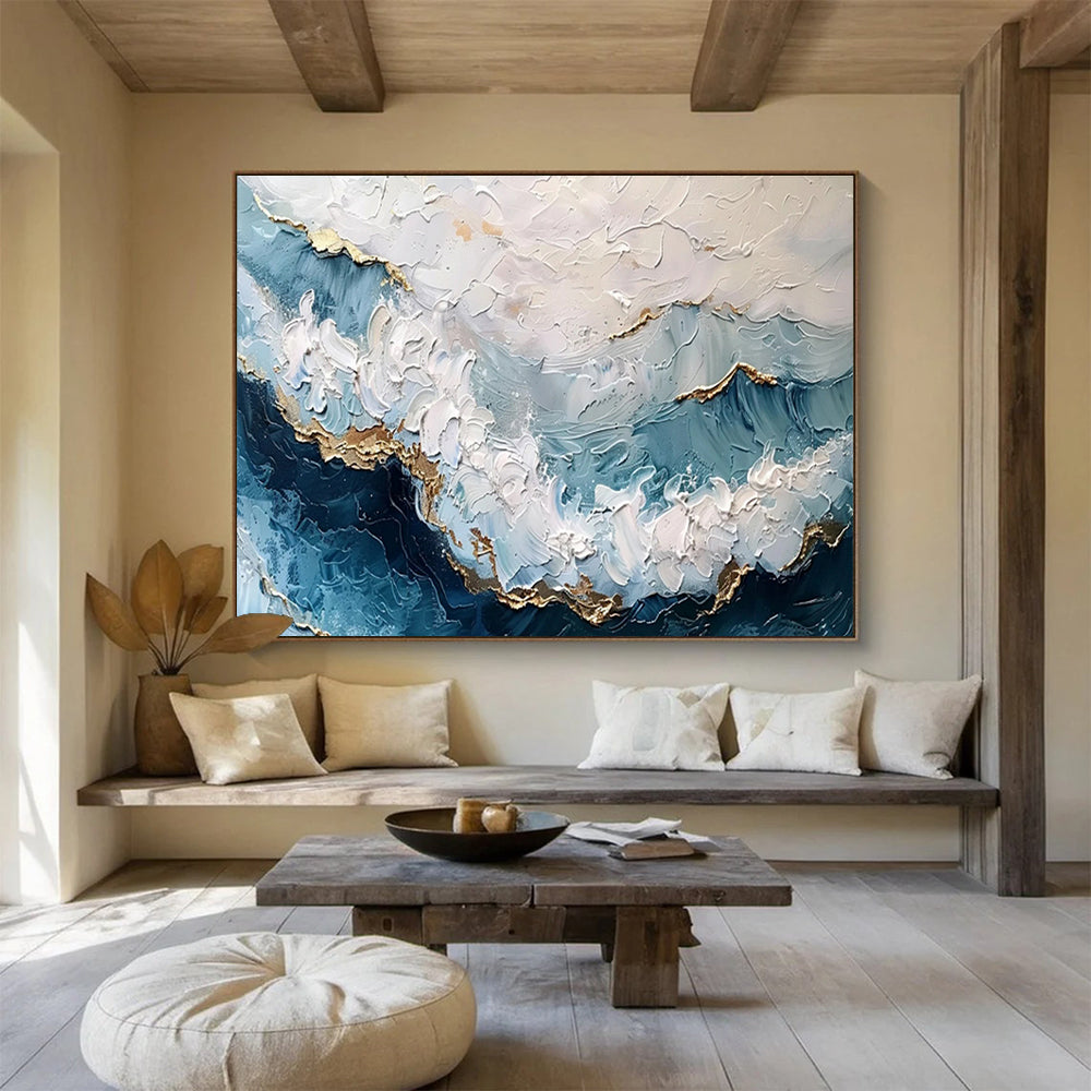Blue and Gold Textured Waves Contemporary Abstract Painting On Canvas DKS156